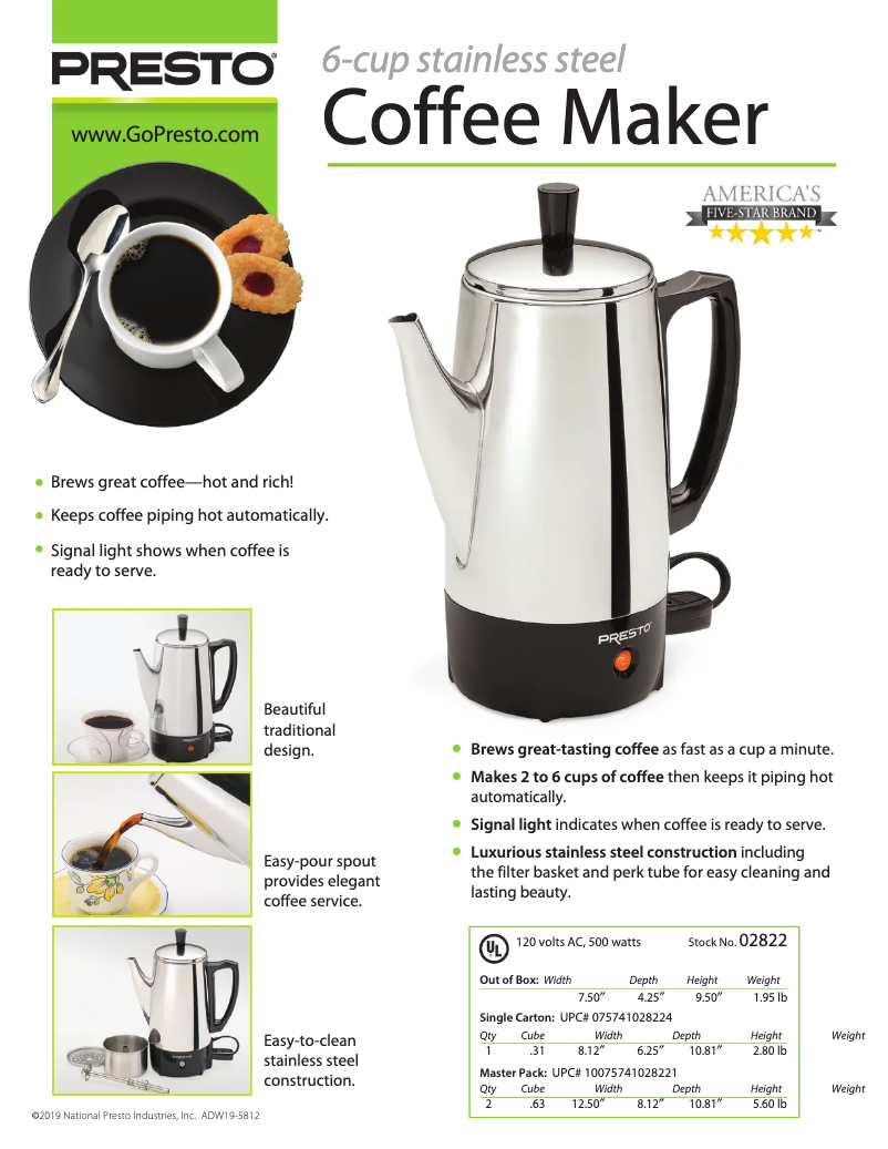 Página 1 del manual Ficha técnica Presto 6-Cup Stainless Steel