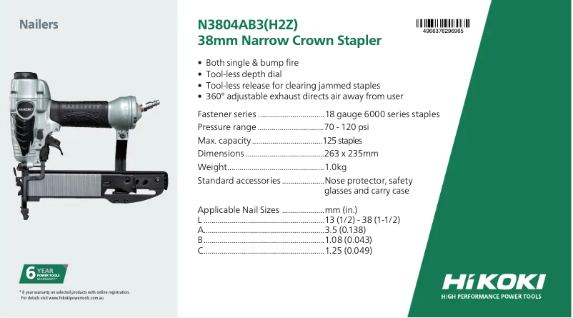 Página 1 del manual Ficha técnica HiKOKI N3804AB