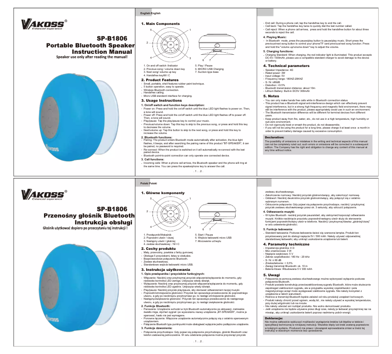 Imagen de la primera página del manual del dispositivo SP-B1806K