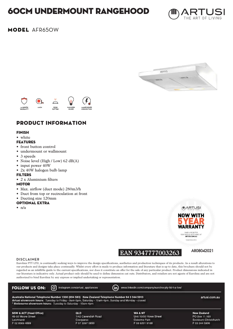 Página 1 del manual Ficha técnica Artusi AFR650W