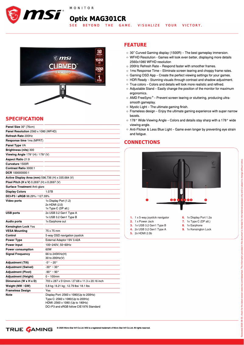 Página nº 1 - Ficha técnica MSI Optix MAG301CR