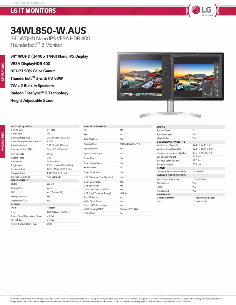 Página nº 1 - Ficha técnica LG UltraWide 34WL850