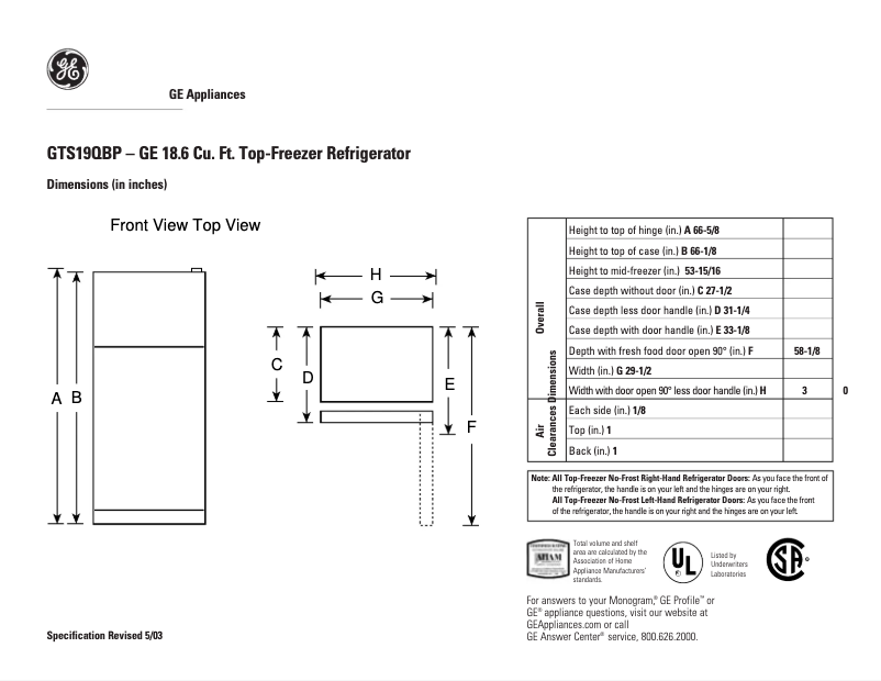 Página 1 del manual Ficha técnica GE GTS19QBPBB