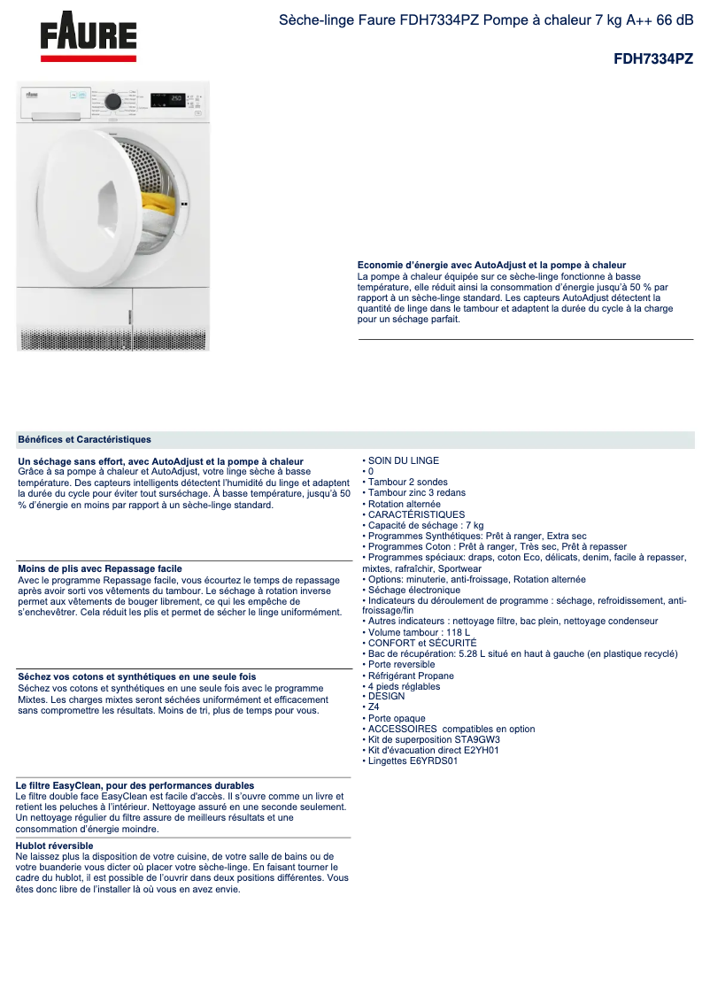 Página 1 del manual Ficha técnica Faure FDH7334PZ
