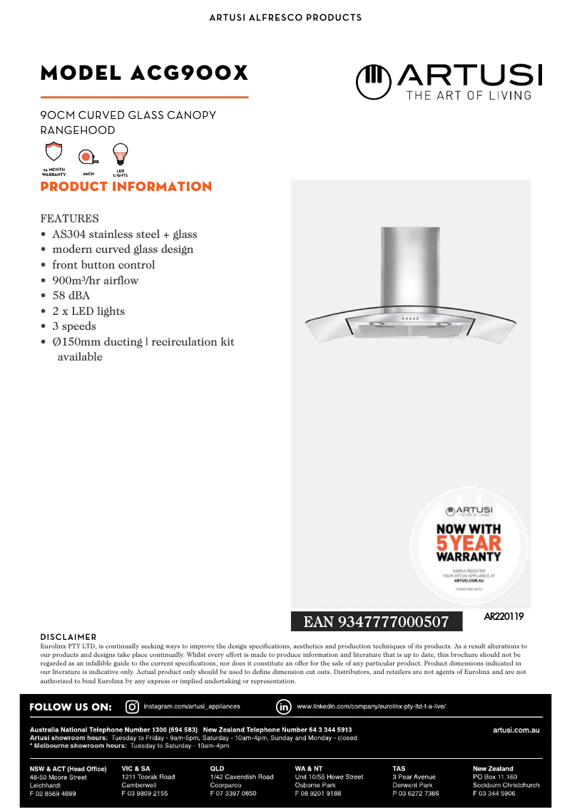 Página 1 del manual Ficha técnica Artusi ACG900X