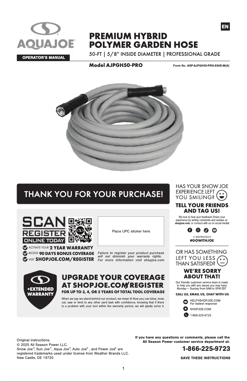 Página nº 1 - Manual de usuario Aqua Joe AJPGH50-PRO