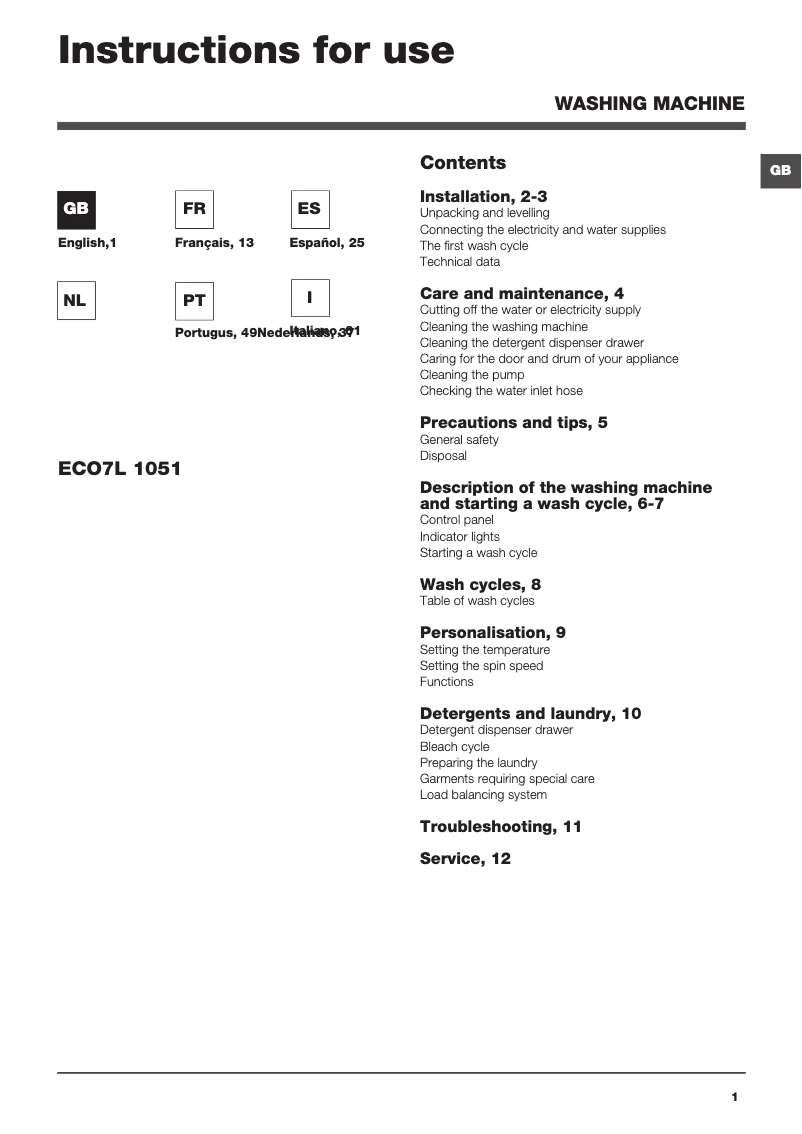 Página 1 del manual Manual de usuario Hotpoint Ariston ECO7L 1051 (EU).T