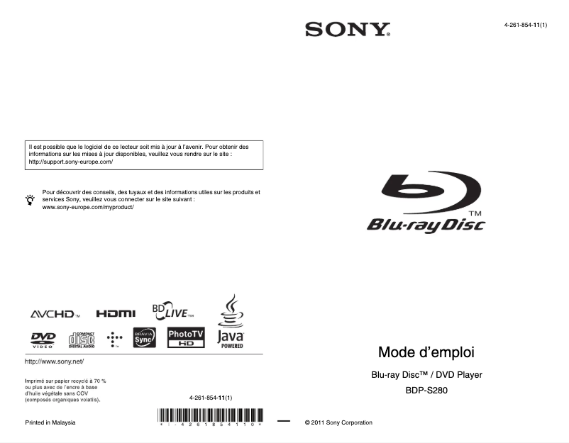 Página 1 del manual Manual de usuario Sony BDP-S280