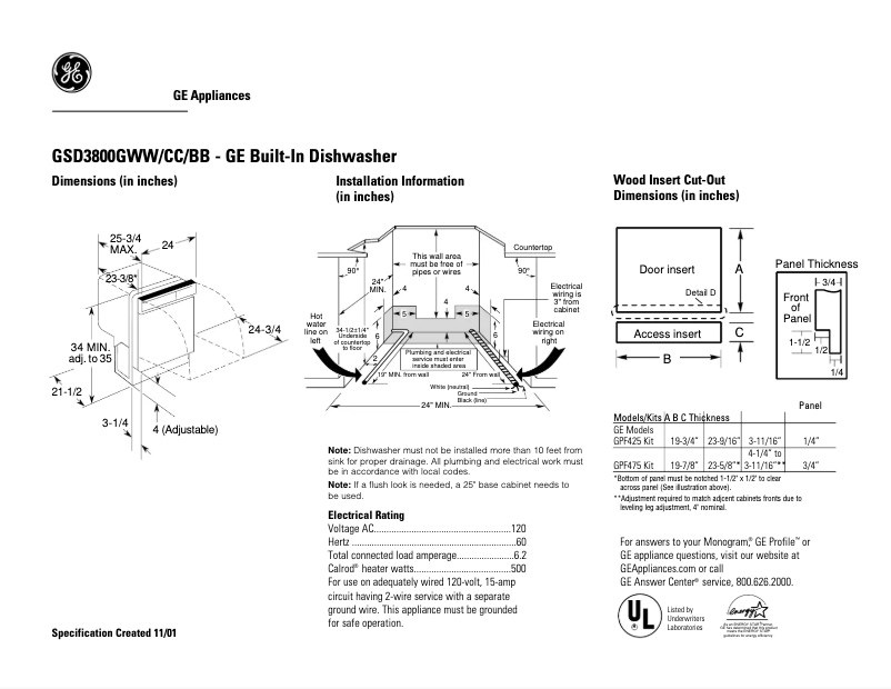 Página 1 del manual Ficha técnica GE GSD3800GBB