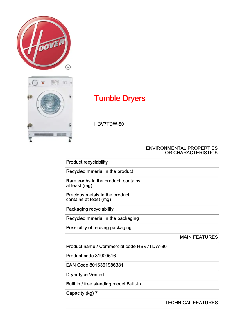 Página 1 del manual Ficha técnica Hoover HBV7TDW-80