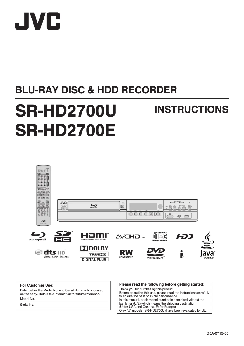 Imagen de la primera página del manual del dispositivo SR-HD2700US