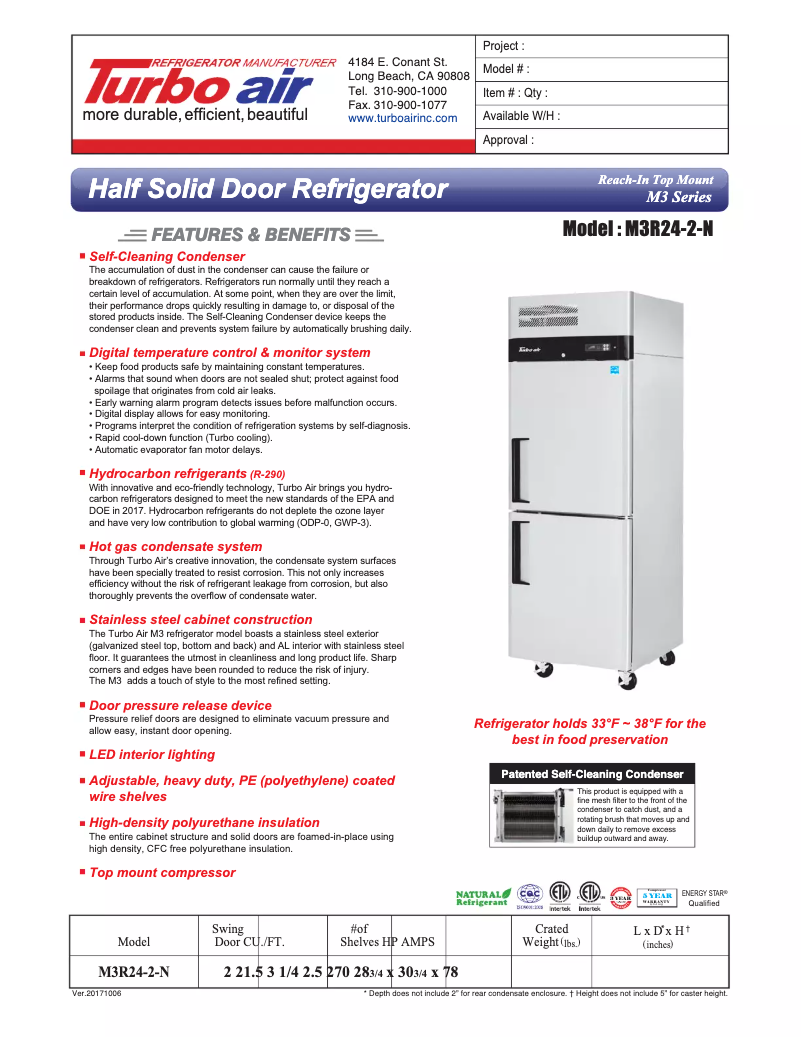 Página 1 del manual Ficha técnica Turbo air M3R24-2