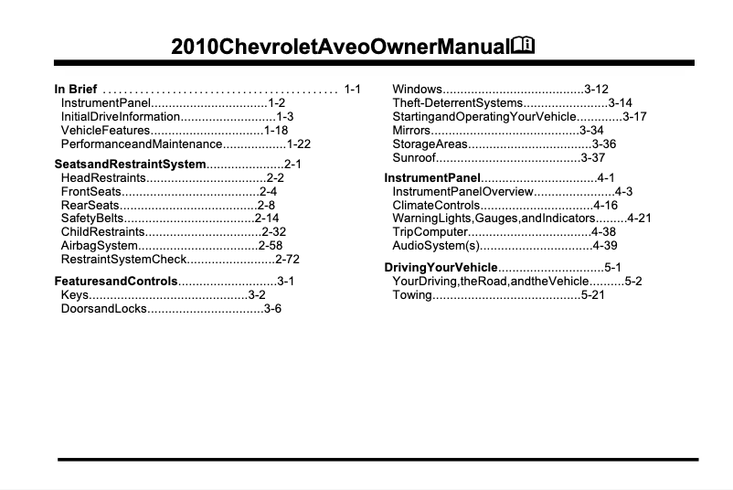 Imagen de la primera página del manual del dispositivo Aveo Sedan (2010)