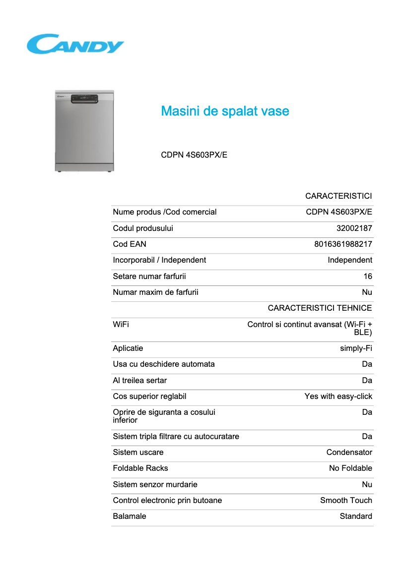 Página 1 del manual Ficha técnica Candy CDPN 4S603PX/E