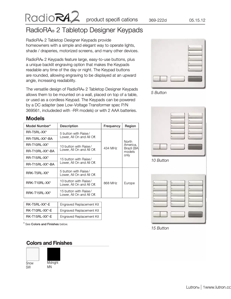 Página 1 del manual Manual de usuario Lutron RR-T10RL-SW