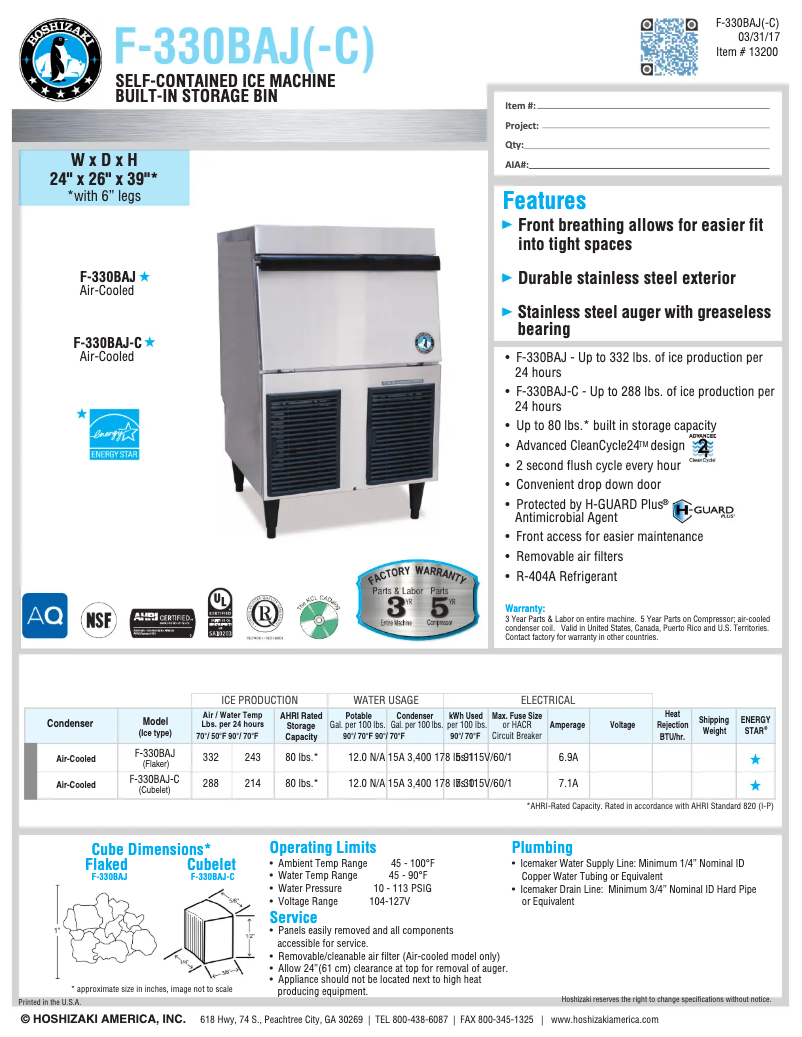Página 1 del manual Ficha técnica Hoshizaki F-330BAJ