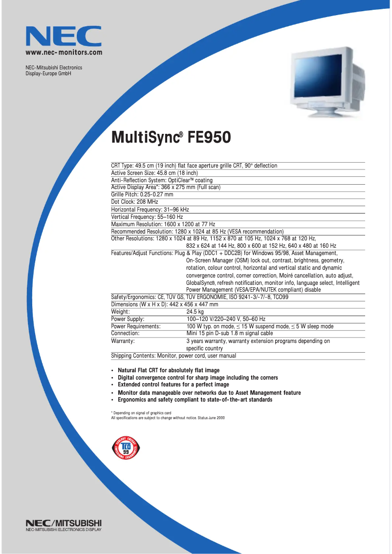 Imagen de la primera página del manual del dispositivo MultiSync FE950BK