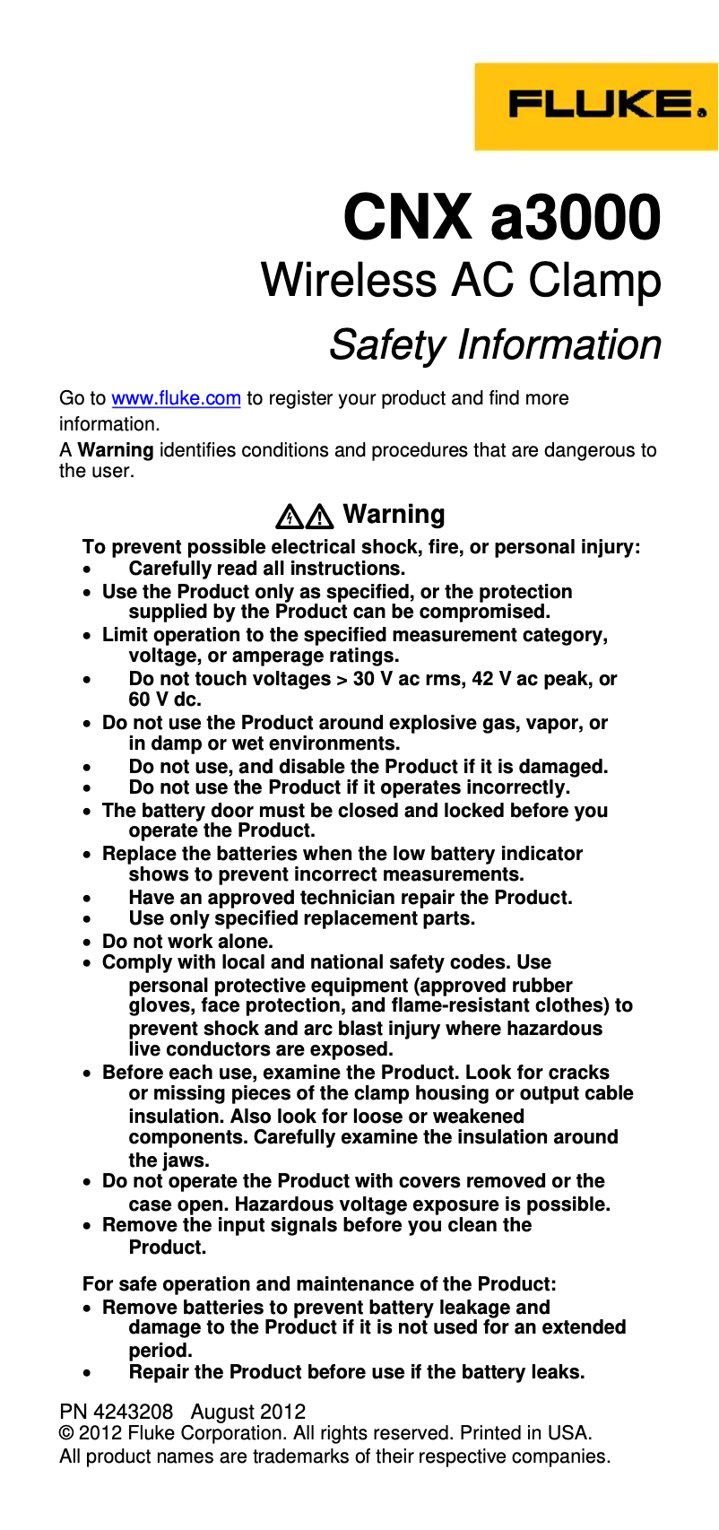 Página 1 del manual Instrucciones de seguridad Fluke CNX 3000