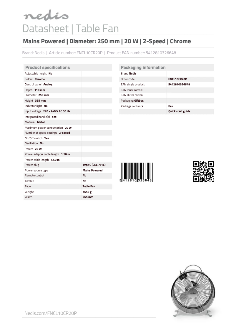 Página 1 del manual Manual de usuario Nedis FNCL10CR20P