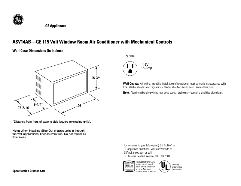 Página 1 del manual Ficha técnica GE ASV14AB