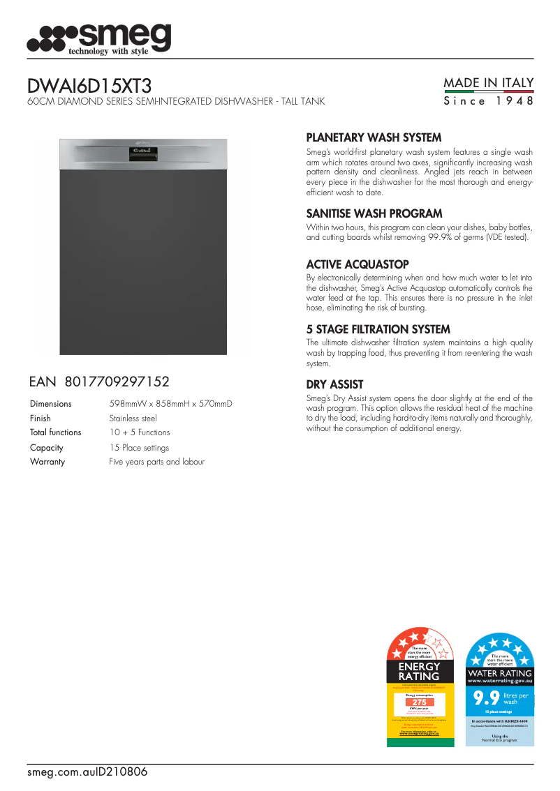 Página 1 del manual Ficha técnica Smeg DWAI6D15XT3