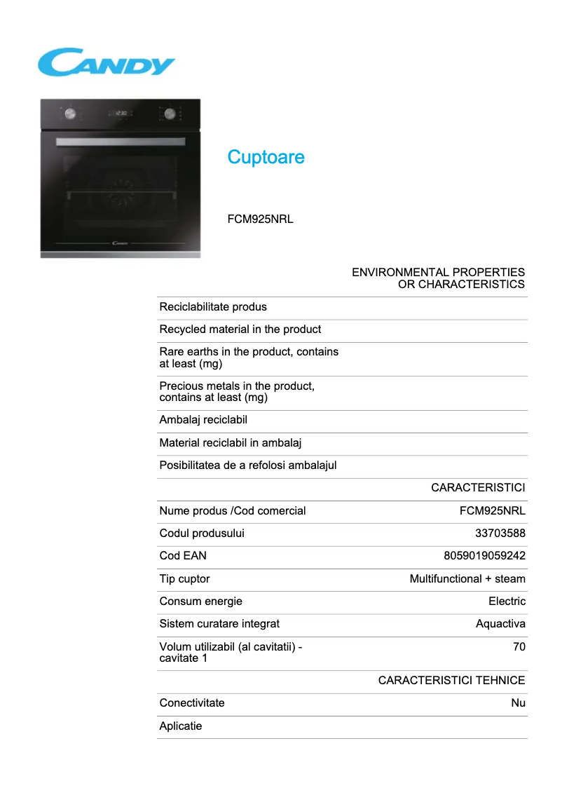 Página 1 del manual Ficha técnica Candy FCM925NRL