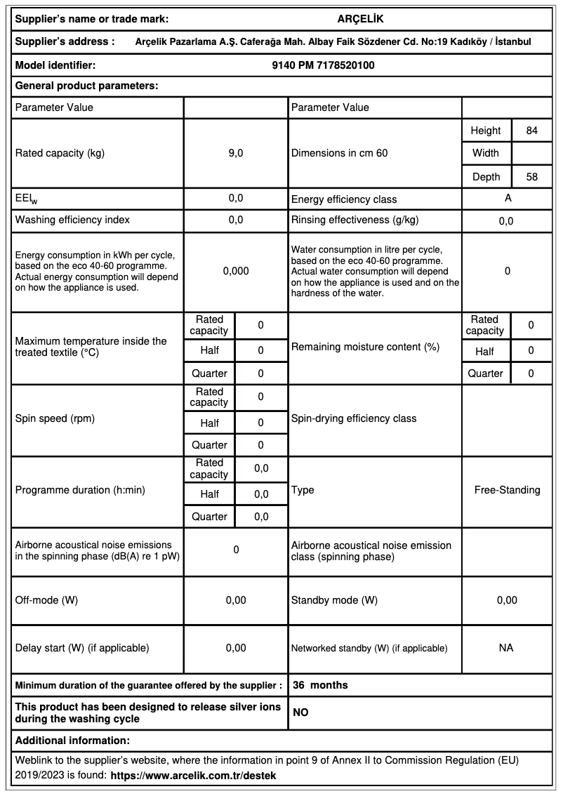 Página 1 del manual Ficha técnica Arçelik 9140 PM