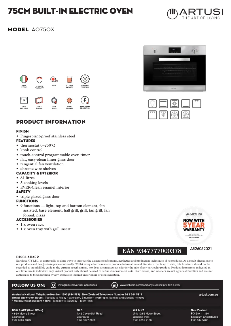Página 1 del manual Ficha técnica Artusi AO750X