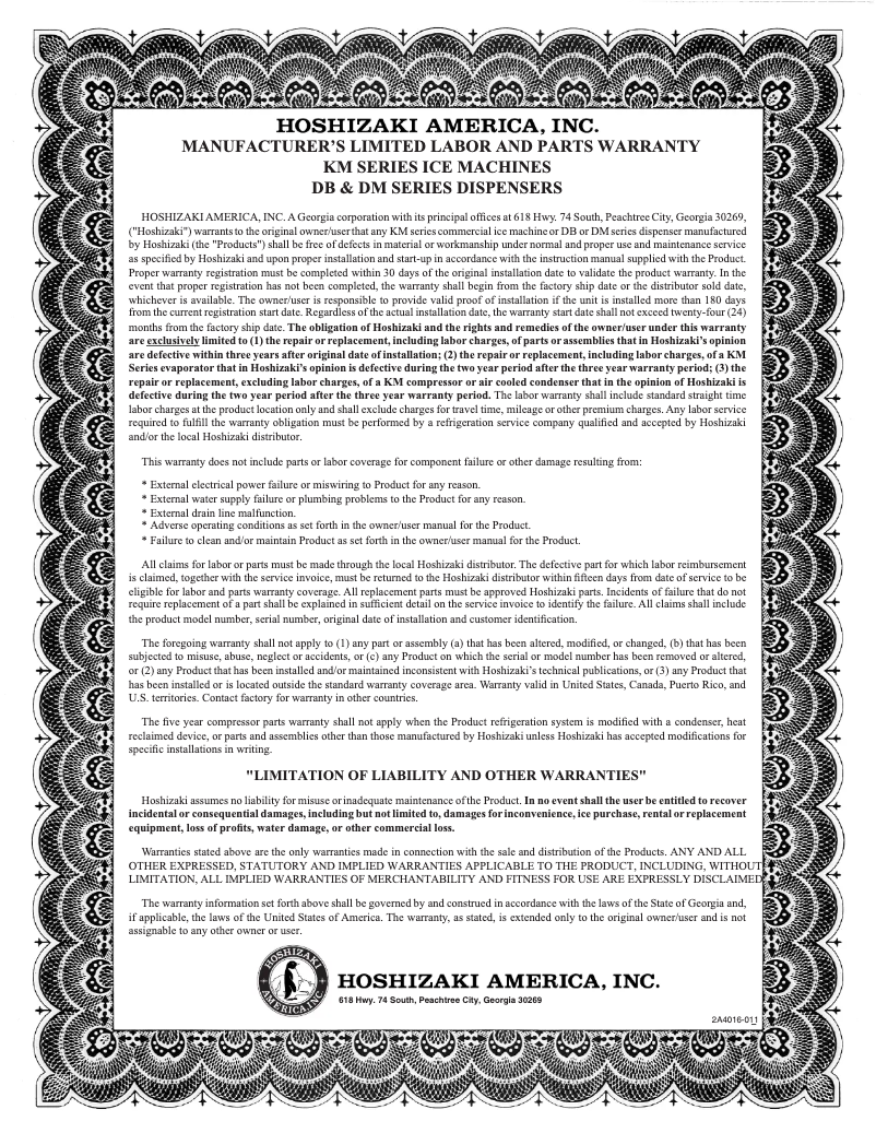 Página 1 del manual Información de garantía Hoshizaki KML-500MAJ