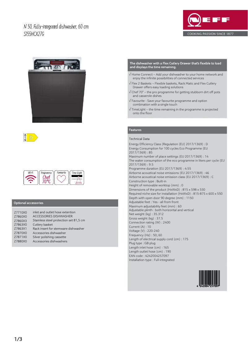 Página 1 del manual Ficha técnica Neff S155HCX27G