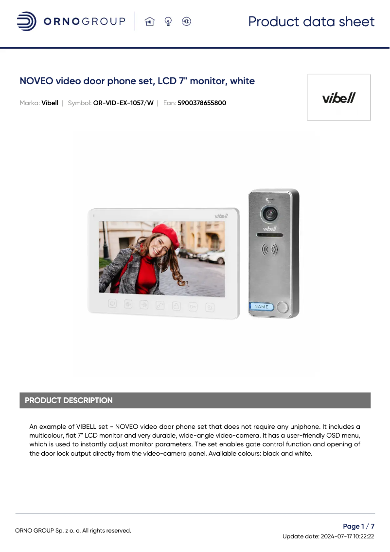 Página 1 del manual Ficha técnica Vibell OR-VID-EX-1057