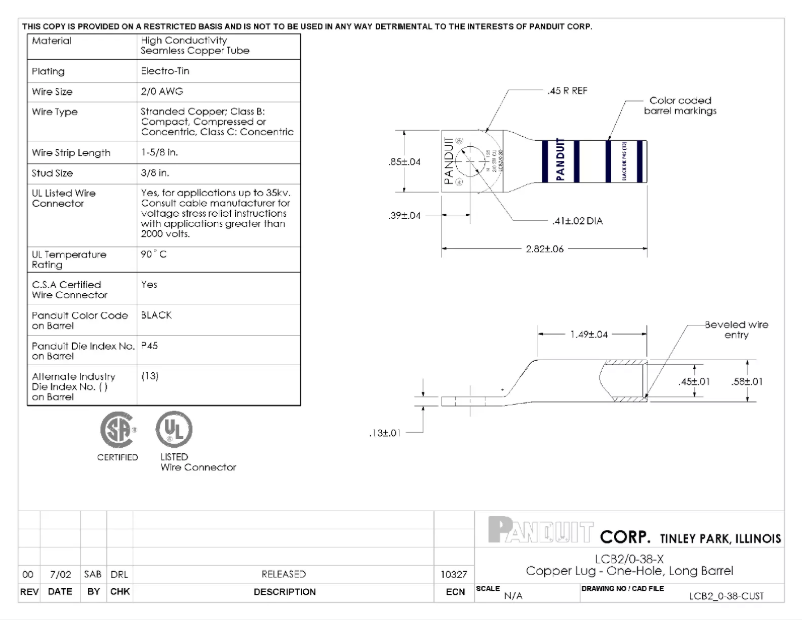 Página 1 del manual Dibujo técnico Panduit LCB2/0-38-X