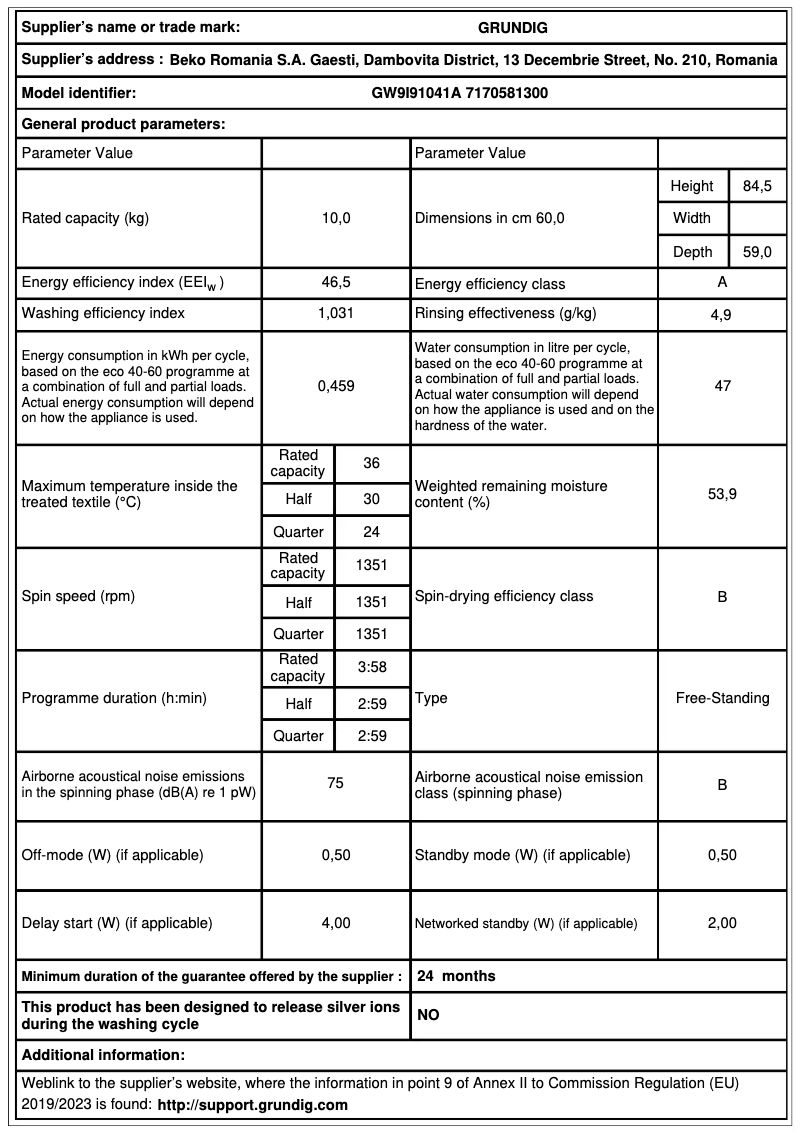 Página 1 del manual Ficha técnica Grundig GW9I91041A