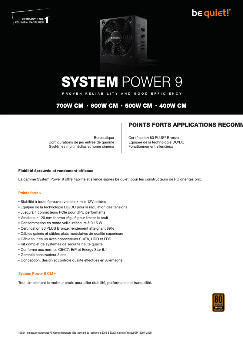 Página 1 del manual Ficha técnica Be Quiet! System Power 9 CM