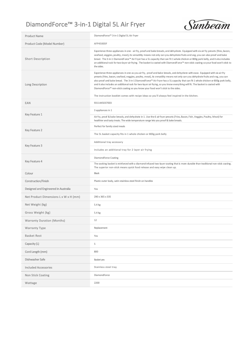 Página 1 del manual Ficha técnica Sunbeam DiamondForce 3-in-1 AFP4500