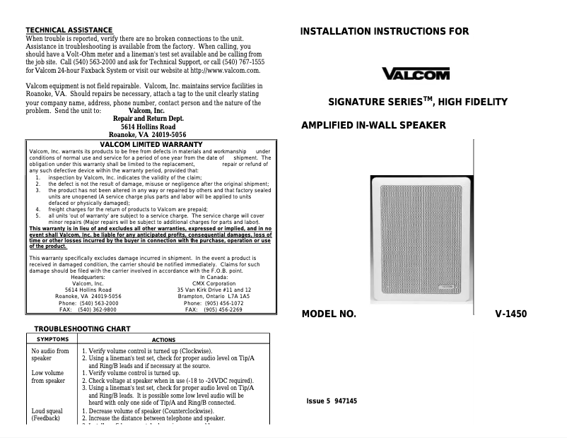 Imagen de la primera página del manual del dispositivo V-1450