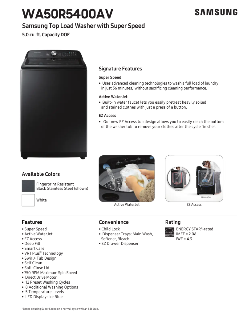 Página 1 del manual Ficha técnica Samsung WA50R5400AV