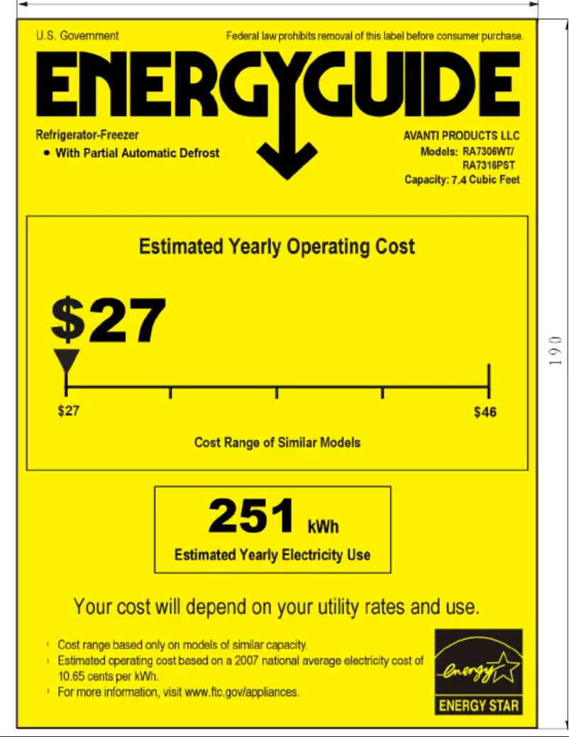 Página 1 del manual Etiqueta energética Avanti RA7316PST