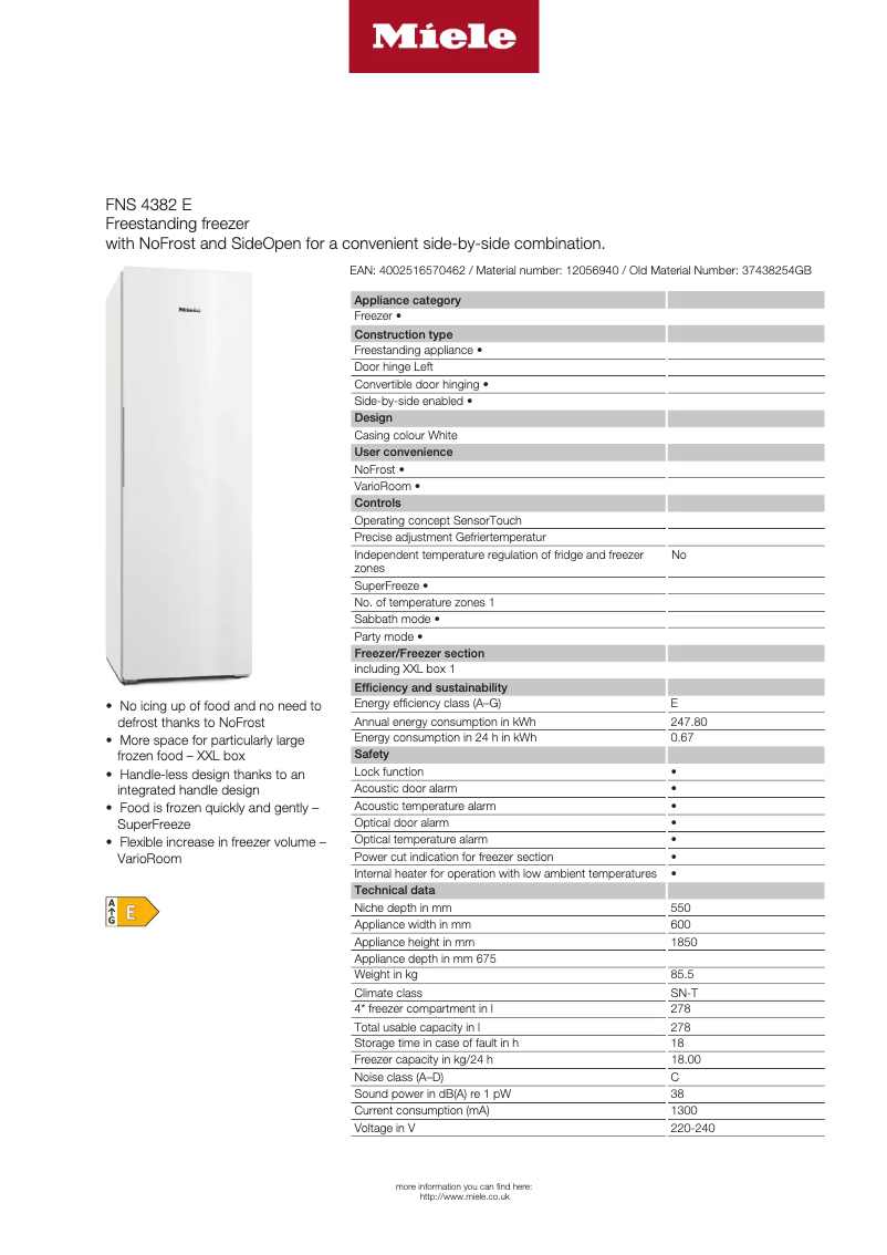 Página 1 del manual Ficha técnica Miele FNS 4382 E