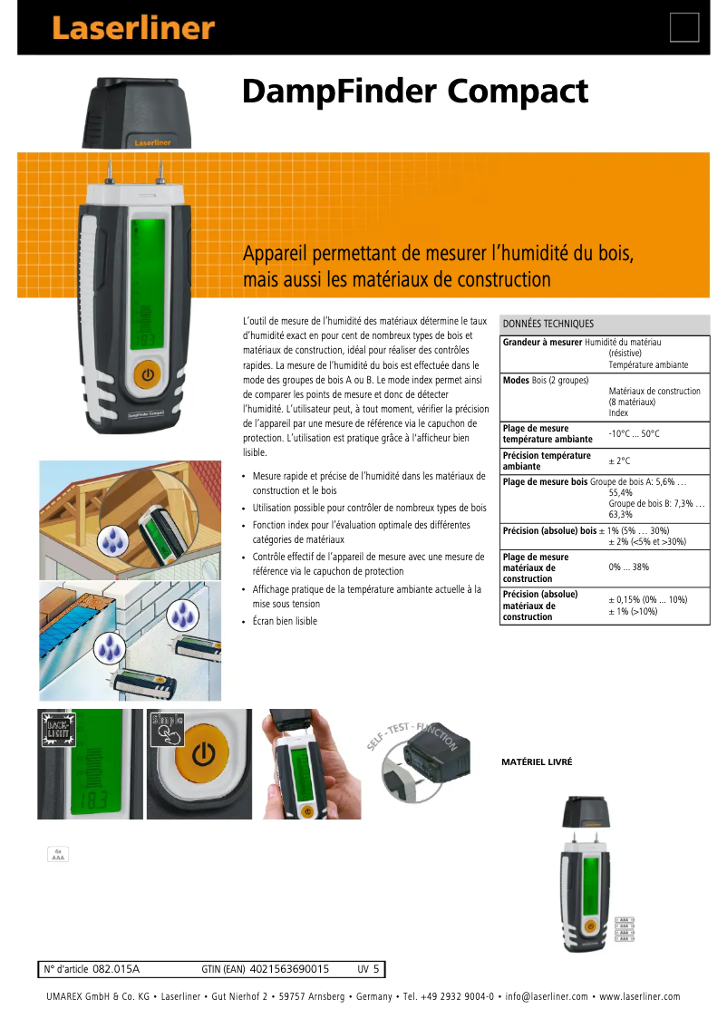 Página 1 del manual Ficha técnica Laserliner DampFinder Compact