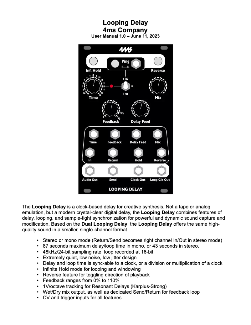 Página 1 del manual Manual de usuario 4ms Looping Delay