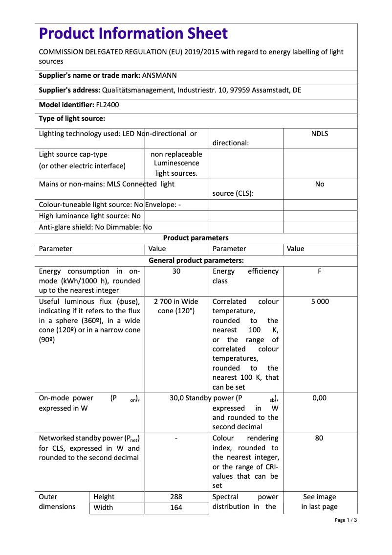 Página 1 del manual Ficha técnica Ansmann FL2400AC