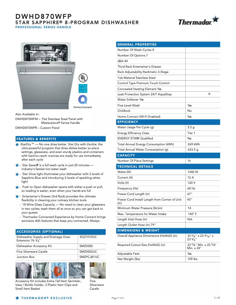 Página 1 del manual Ficha técnica Thermador DWHD870WFP
