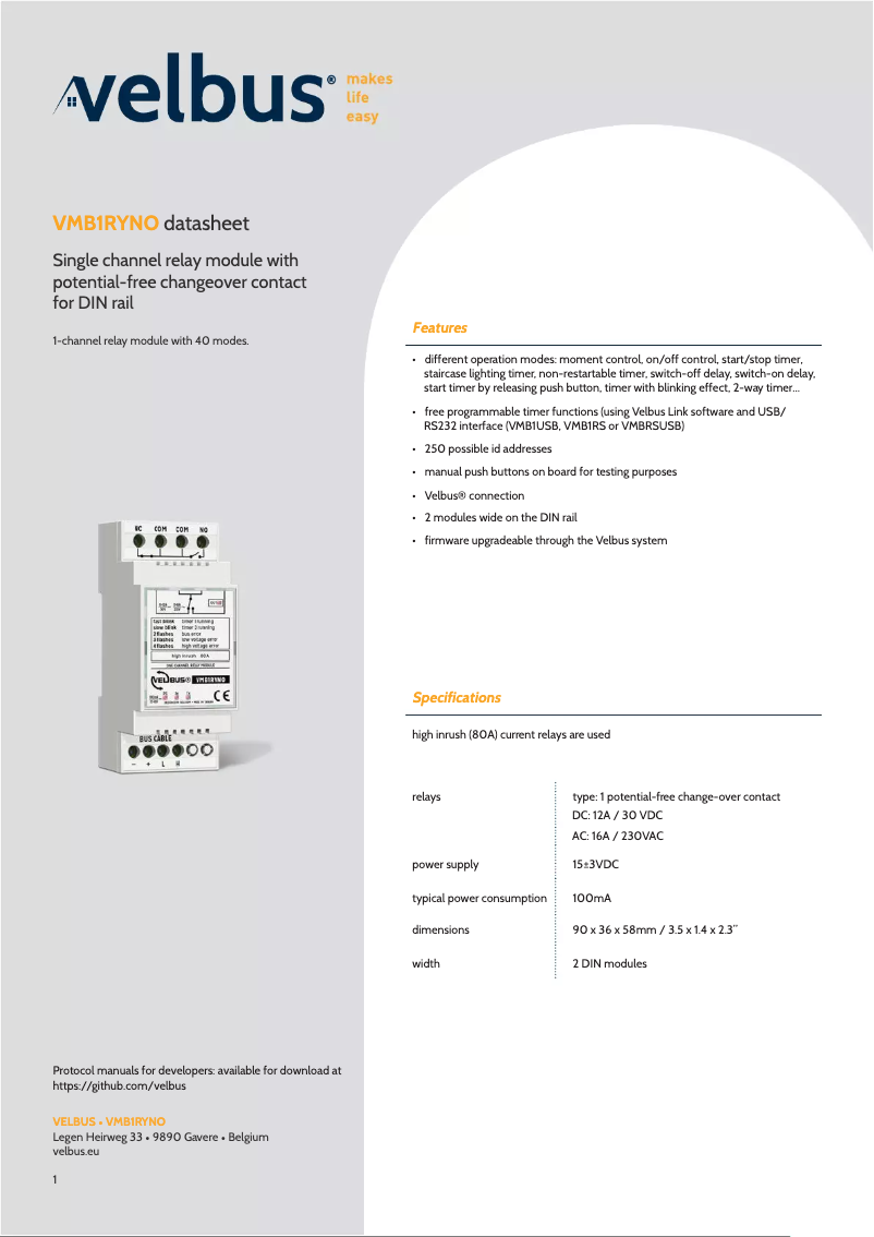 Página 1 del manual Ficha técnica Velbus VMB1RYNO