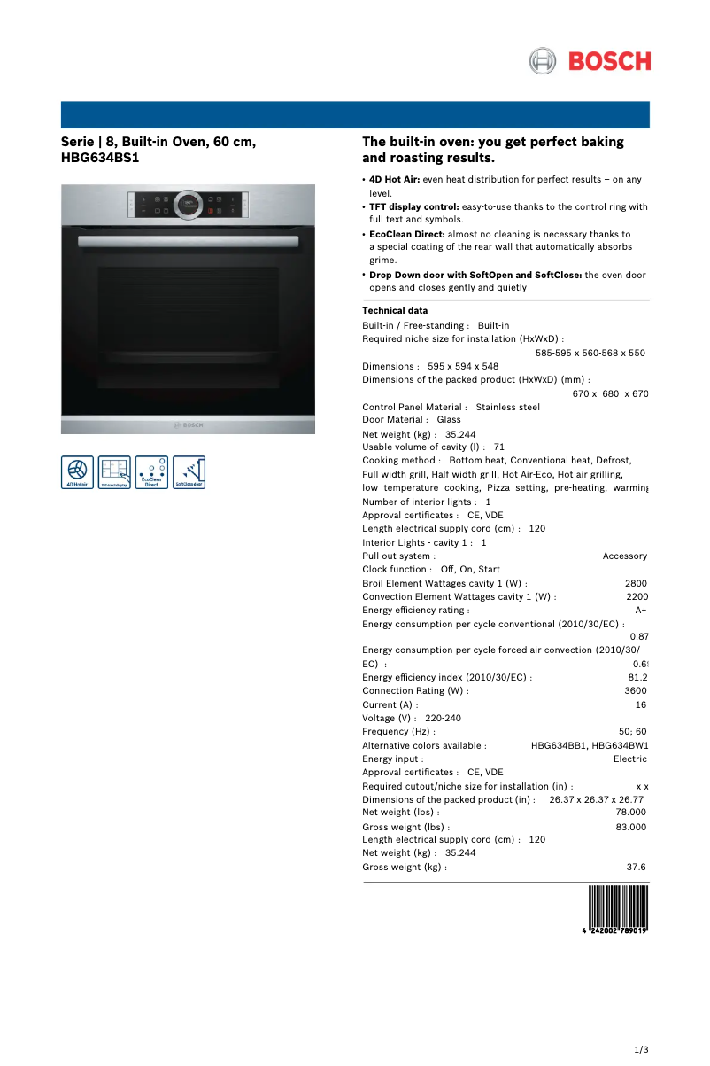 Página 1 del manual Ficha técnica Bosch HBG634BS1