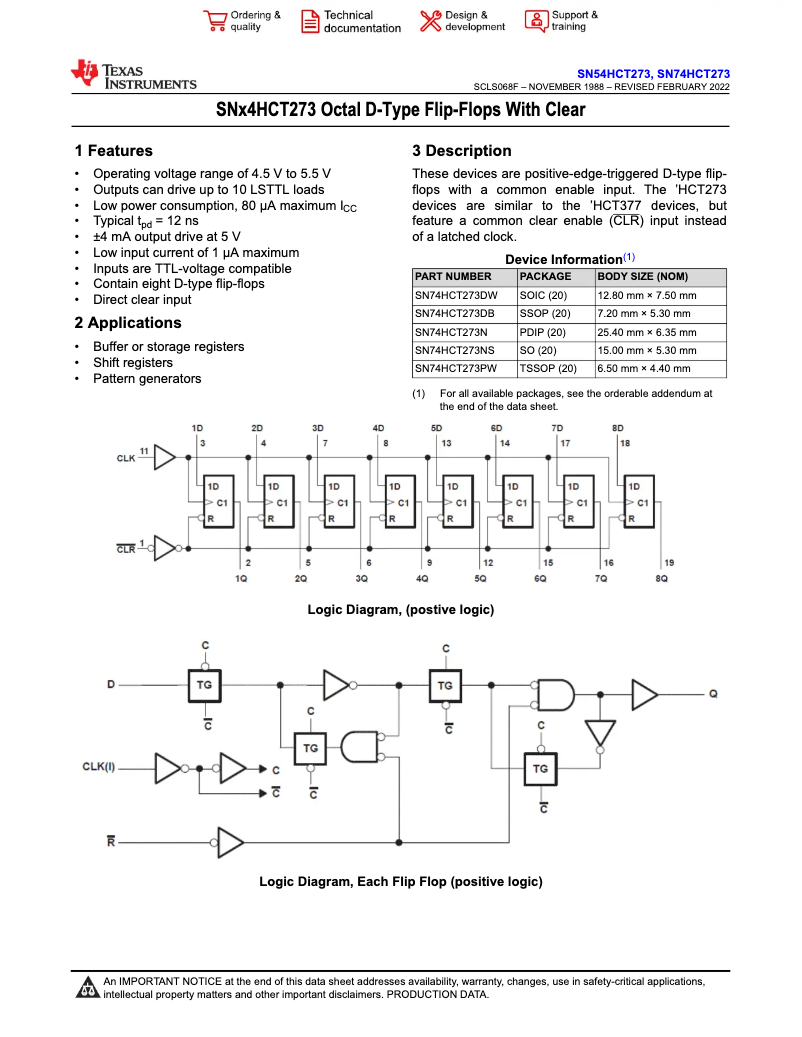 Imagen de la primera página del manual del dispositivo SN74HCT273N