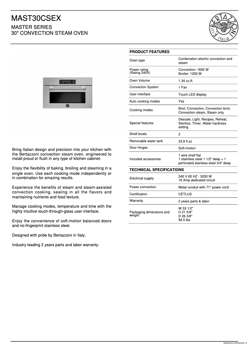 Página 1 del manual Ficha técnica Bertazzoni MAST30CSEX