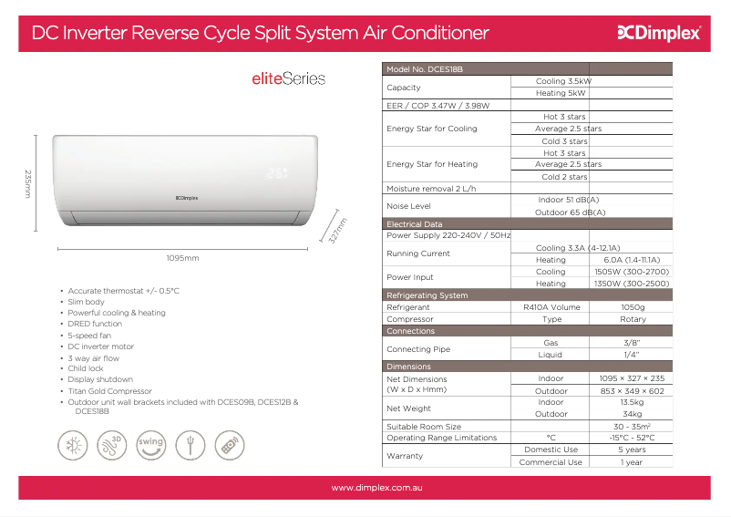 Página 1 del manual Ficha técnica Dimplex DCES18B