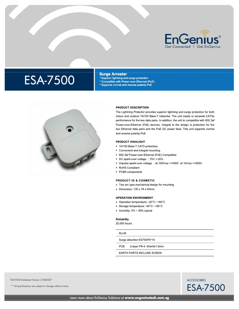 Página 1 del manual Ficha técnica EnGenius ESA-7600G