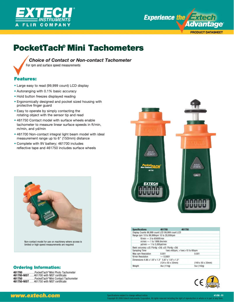 Página 1 del manual Ficha técnica Extech 461750